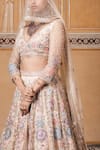 Shop_Tarun Tahiliani_Peach Tulle V Neck Embroidered Lehenga Set _Online_at_Aza_Fashions