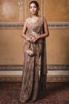 Buy_Tarun Tahiliani_Gold Foil Crinkle Tulle Round Pre-draped Saree Gown _at_Aza_Fashions