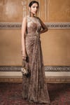 Tarun Tahiliani_Gold Foil Crinkle Tulle Round Pre-draped Saree Gown _Online_at_Aza_Fashions