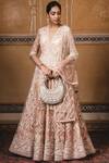 Buy_Tarun Tahiliani_Peach Tulle V Neck Chanderi Anarkali Set _at_Aza_Fashions