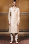 Tarun Tahiliani_Peach Silk Dupion Printed Sherwani _Online_at_Aza_Fashions