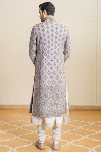 Pewter Grey Matka Embroidered Short Sherwani with Kurta and Trouser