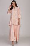 Anju & Harleen_Peach Silk Chanderi Notched Kurta Set_Online_at_Aza_Fashions