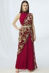 Buy_Chhavvi Aggarwal_Maroon Crepe Printed Pre-draped Pant Saree_at_Aza_Fashions