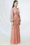Chhavvi Aggarwal_Pink Silk, Georgette V Neck Embellished Pre-draped Saree_Online_at_Aza_Fashions