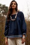 Buy_Payal Pratap_Blue Cotton Boat Handloom Smocked Top_at_Aza_Fashions