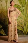 Buy_Malini Ramani_Beige Flat Chiffon Printed One Shoulder Dress_at_Aza_Fashions