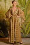 Buy_Malini Ramani_Beige Chiffon Printed Cape Jumpsuit_at_Aza_Fashions