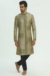 Buy_Sharbari Studio_Grey Silk Hand Painted Sherwani Set _at_Aza_Fashions