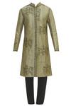 Buy_Sharbari Studio_Grey Silk Hand Painted Sherwani Set _Online_at_Aza_Fashions