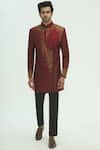 Buy_Sharbari Studio_Maroon Silk Hand Painted Sherwani Set _at_Aza_Fashions