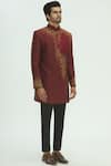 Sharbari Studio_Maroon Silk Hand Painted Sherwani Set _Online_at_Aza_Fashions