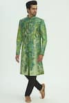 Buy_Sharbari Studio_Green Silk Hand Painted Sherwani Set _at_Aza_Fashions