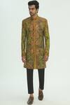 Buy_Sharbari Studio_Green Silk Hand Painted Sherwani Set _at_Aza_Fashions