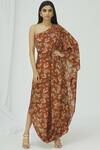 Buy_17:17 By Simmi Saboo_Brown Cotton Silk Asymmetric Printed One Shoulder Cowl Dress_at_Aza_Fashions