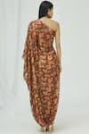 Shop_17:17 By Simmi Saboo_Brown Cotton Silk Asymmetric Printed One Shoulder Cowl Dress_at_Aza_Fashions