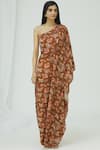 Buy_17:17 By Simmi Saboo_Brown Cotton Silk Asymmetric Printed One Shoulder Cowl Dress_Online_at_Aza_Fashions