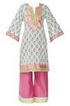 Buy Kunwarani Ritu White Mulmul Split Printed Kurta Palazzo Set Online at Aza Fashions Buy_Kunwarani Ritu_White Mulmul Split Printed Kurta Palazzo Set _Online_at_Aza_Fashions
