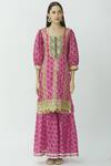 Buy_Kunwarani Ritu_Pink Cotton U Neck Printed Kurta Sharara Set  _Online_at_Aza_Fashions