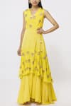 Buy_Rriso_Yellow Chinnon V Neck Embellished Maxi Dress  _at_Aza_Fashions