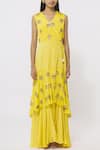 Shop_Rriso_Yellow Chinnon V Neck Embellished Maxi Dress  _Online_at_Aza_Fashions