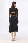 Shop_Deme By Gabriella_Black Net, Micro Outer Crop Top High Collar Inner Blouse Slit Skirt Set_at_Aza_Fashions
