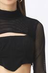 Deme By Gabriella_Black Net, Micro Outer Crop Top High Collar Inner Blouse Slit Skirt Set_at_Aza_Fashions