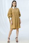 Buy_Deme By Gabriella_Beige Cotton Dress Round, Inner Shirt Stand Collar _Online_at_Aza_Fashions