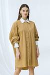 Buy_Deme By Gabriella_Beige Cotton Dress Round, Inner Shirt Stand Collar _at_Aza_Fashions