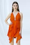 Buy_Deme by Gabriella_Orange Chiffon Halter Asymmetric Ruffle Dress _at_Aza_Fashions