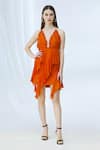 Shop_Deme by Gabriella_Orange Chiffon Halter Asymmetric Ruffle Dress _Online_at_Aza_Fashions