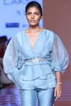 Ridhi Mehra_Blue Shirt Organzashorts Chanderi V Neck Top Short Set  _Online_at_Aza_Fashions