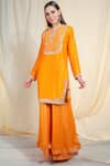 Shop_Nikasha_Orange Raw Silk Notched Embellished Kurta Sharara Set _Online_at_Aza_Fashions