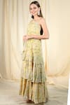 Nikasha_Yellow Crepe Asymmetric Printed Tiered Dress _Online_at_Aza_Fashions
