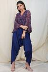 Buy_Nikasha_Blue Crepe, Chiffon V Neck Printed Top Dhoti Pant Set _at_Aza_Fashions