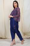 Nikasha_Blue Crepe, Chiffon V Neck Printed Top Dhoti Pant Set _Online_at_Aza_Fashions