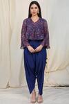 Buy_Nikasha_Blue Crepe, Chiffon V Neck Printed Top Dhoti Pant Set _Online_at_Aza_Fashions
