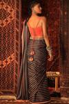 Shop_Qbik_Black Saree- Silk Satin Blouse- Textured Crepe Striped Pre-stitched With_at_Aza_Fashions