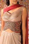 Shop_Qbik_Beige Shimmer Lycra Leaf Neck Draped Skirt Set  _Online_at_Aza_Fashions