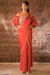 Buy_Qbik_Peach Blouse And Saree- Nirvana Crepe & Satin Square Neck Embellished Pre-stitched_at_Aza_Fashions