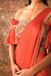 Qbik_Peach Blouse And Saree- Nirvana Crepe & Satin Square Neck Embellished Pre-stitched_Online_at_Aza_Fashions