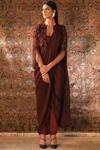 Qbik Maroon Blouse Embellished Pant Saree Online at Aza Fashions Qbik_Maroon Blouse Embellished Pant Saree_Online_at_Aza_Fashions