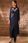Buy_Qbik_Blue Bodysuit Pants- Net Lycra Jersey Jacket And Saree Drape- Embellished_at_Aza_Fashions