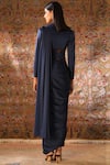 Shop_Qbik_Blue Bodysuit Pants- Net Lycra Jersey Jacket And Saree Drape- Embellished_at_Aza_Fashions