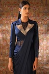 Qbik_Blue Bodysuit Pants- Net Lycra Jersey Jacket And Saree Drape- Embellished_Online_at_Aza_Fashions