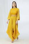 Buy_Vara By Vibha N Priti_Yellow Silk Muslin Printed Jumpsuit With Belt_at_Aza_Fashions