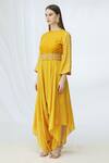 Buy_Vara By Vibha N Priti_Yellow Silk Muslin Printed Jumpsuit With Belt_Online_at_Aza_Fashions