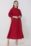 Buy_Neha Gursahani_Red Linen Stand Collar Midi Dress _at_Aza_Fashions