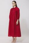 Buy_Neha Gursahani_Red Linen Stand Collar Midi Dress _Online_at_Aza_Fashions