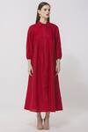 Shop_Neha Gursahani_Red Linen Stand Collar Midi Dress _Online_at_Aza_Fashions